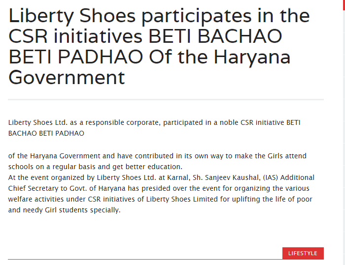 Liberty Shoes Participates in the CSR initiatives BETI BACHAO BETI PADHAO of Haryana Govt